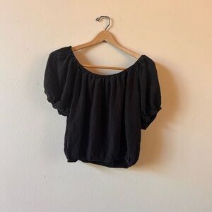 Honeydove Vintage Black Raw Silk Short Puff Sleeve Top